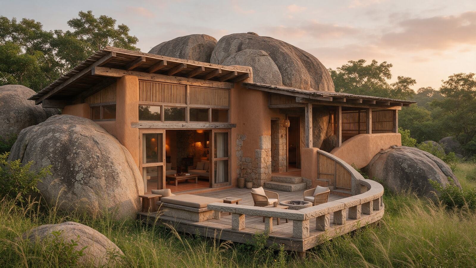 Eco cottage built with mud, stone and bamboo among boulders