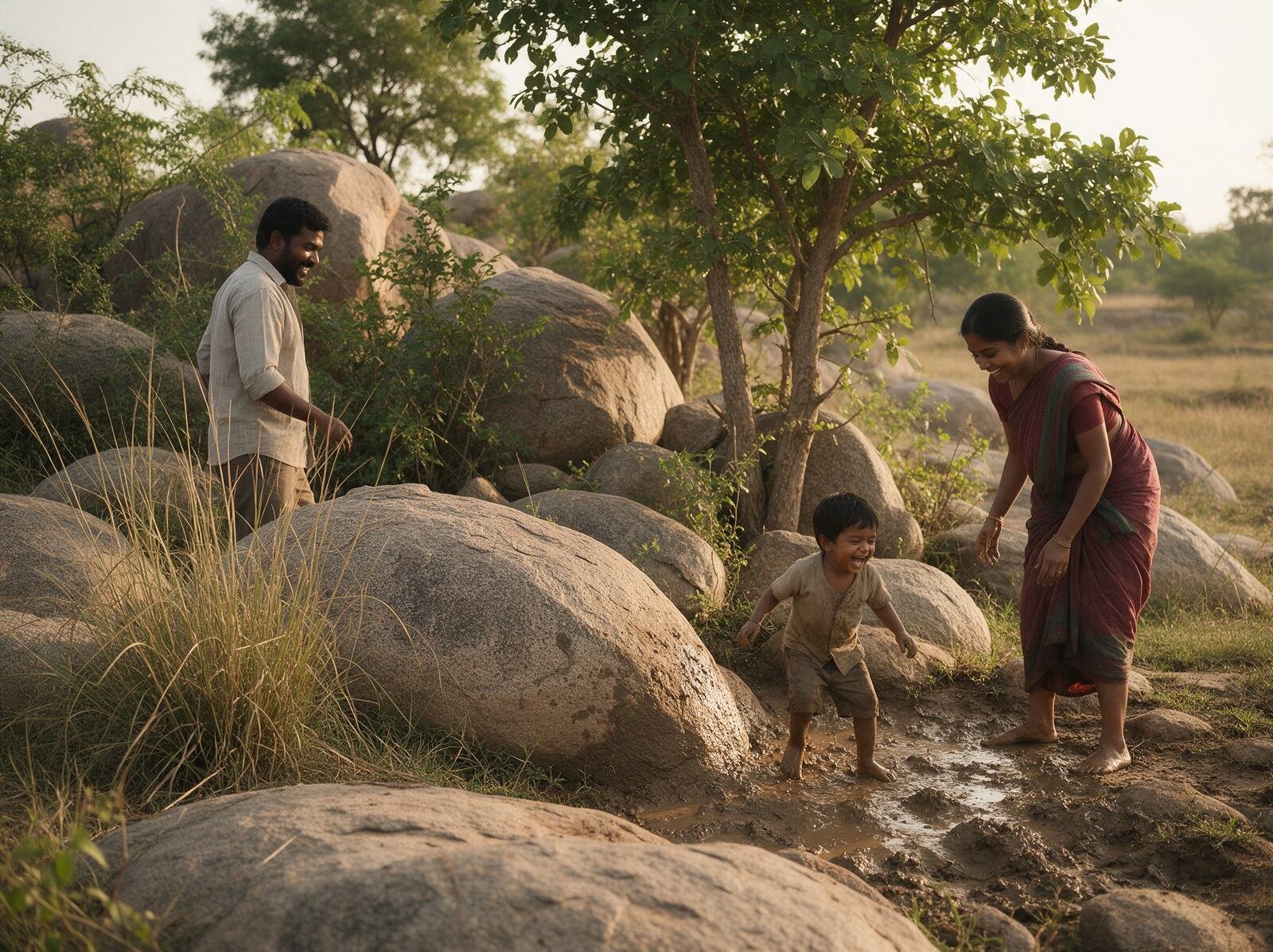 Child playing barefoot in mud with family