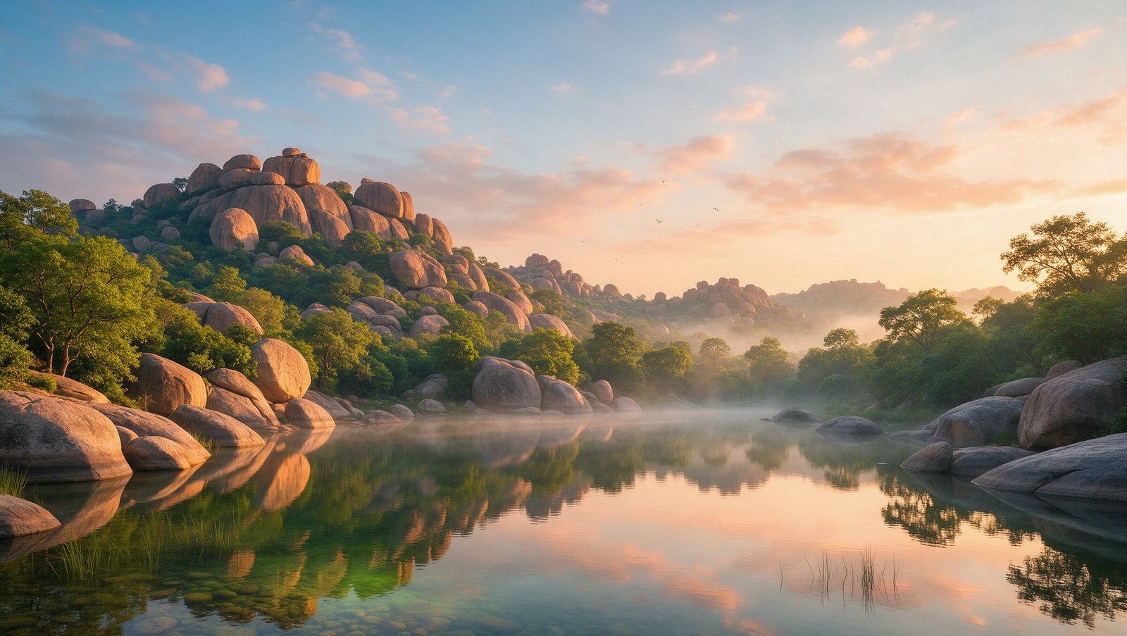 Granite boulder hills, forest and lake beside the Rachakonda reserve forest