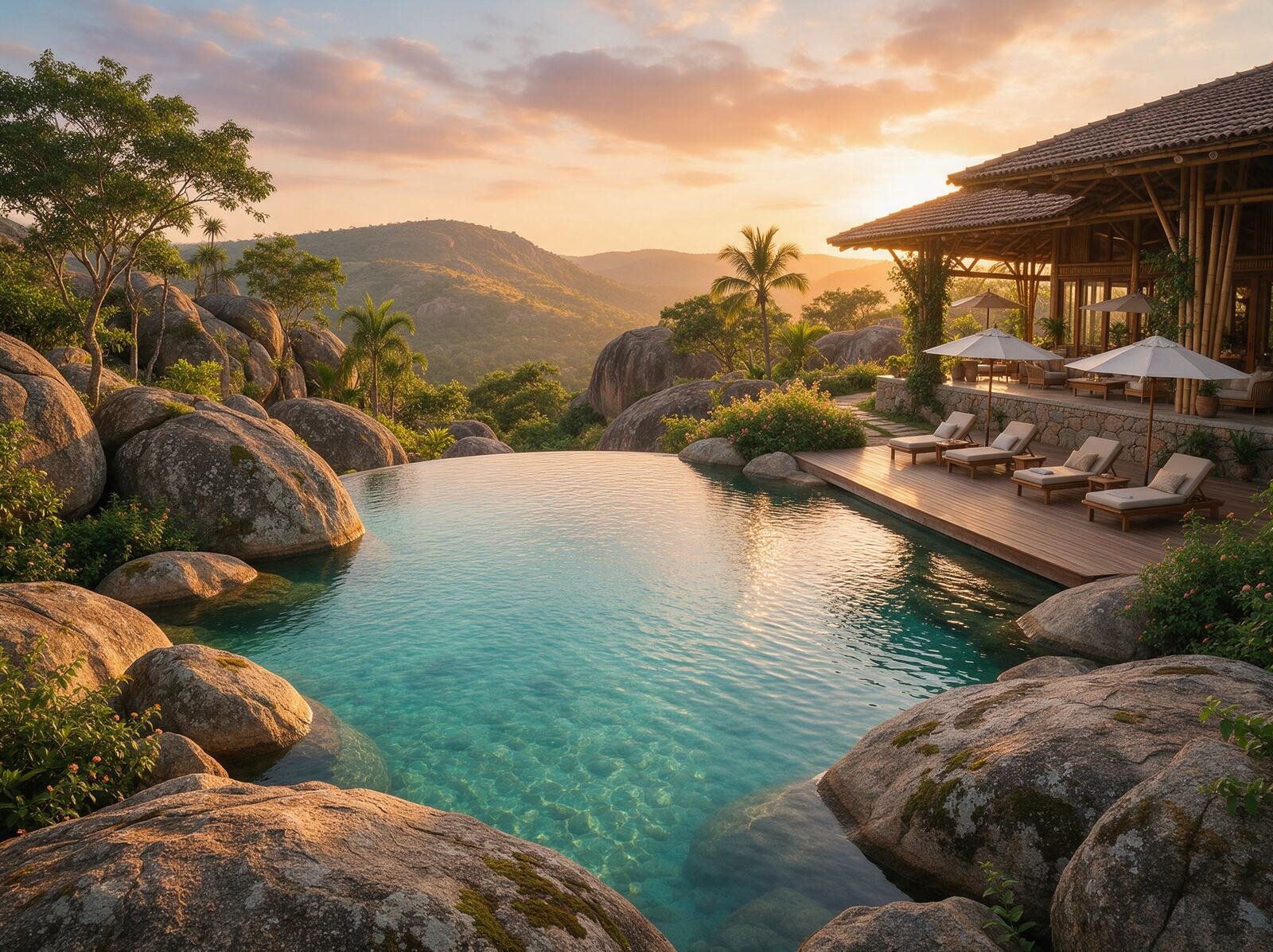 Pool and clubhouse among boulders